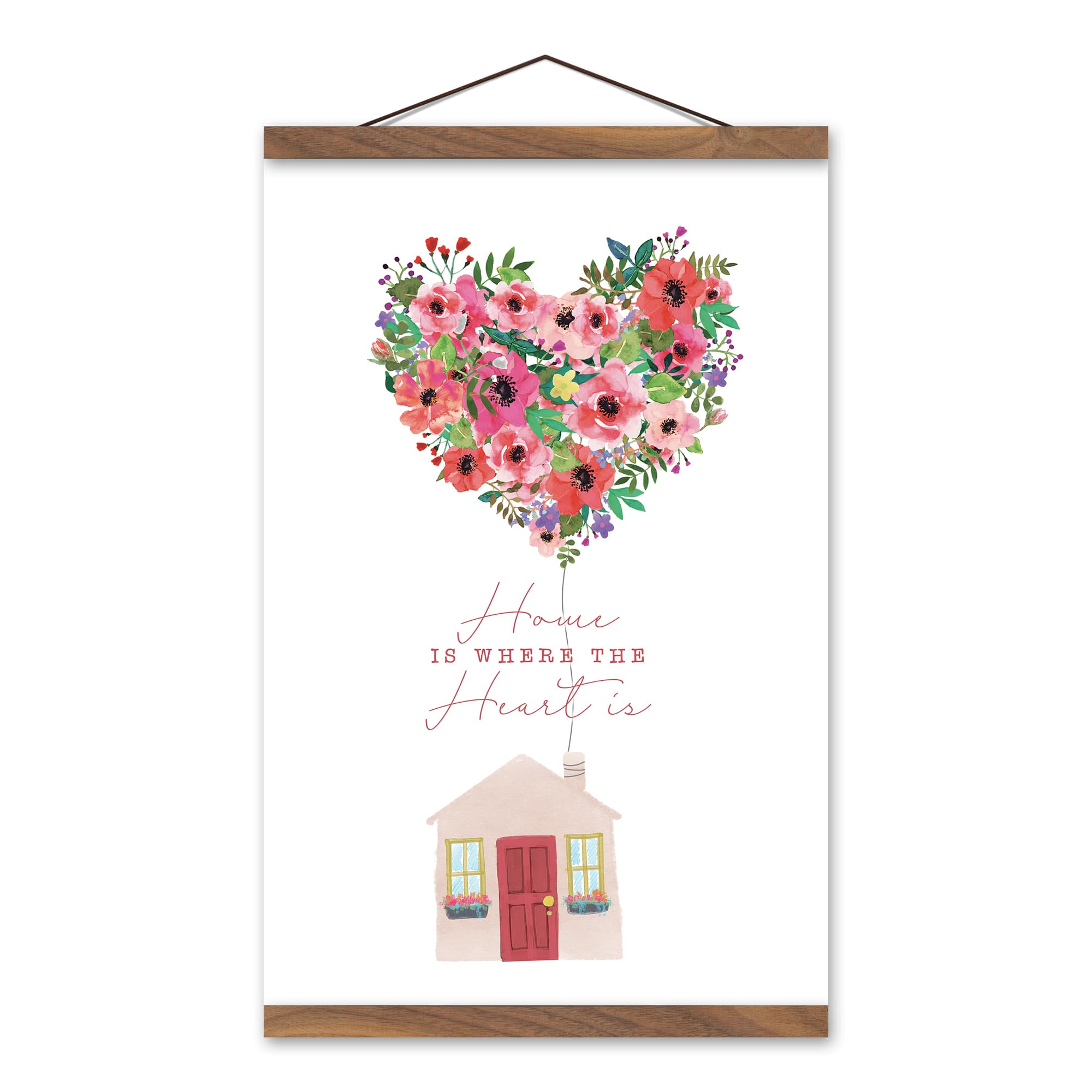 Home Where Heart Is Flower Balloon Teak Hanging Canvas Wall Art